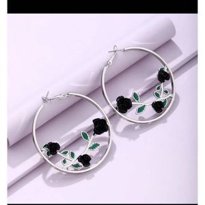 Silver titanium and enamel black rose leaf Design boho chic hoop earrings new